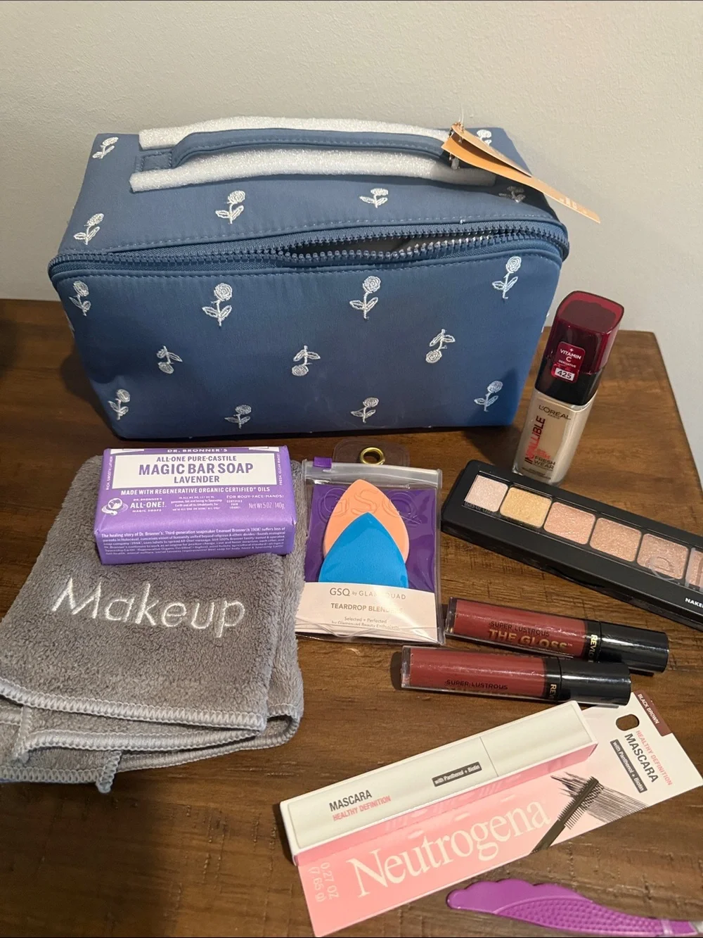 Sonia Kashuk Blue Floral Cosmetic Travel Bag - Makeup Organizer Beauty Bundle #2